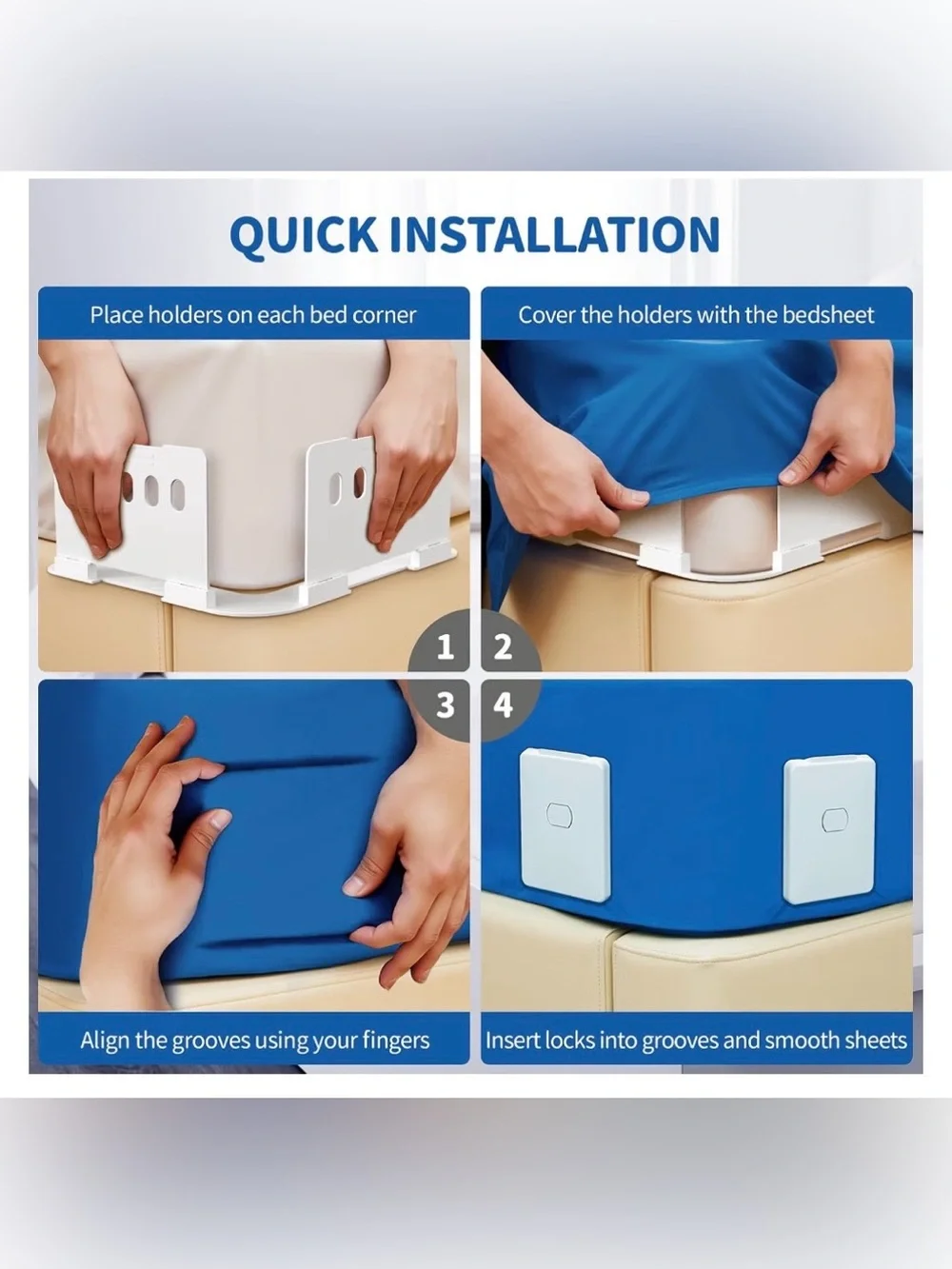Bed Sheet Holder with Clips Lock, Open Corner Fitted Bedsheet Holders